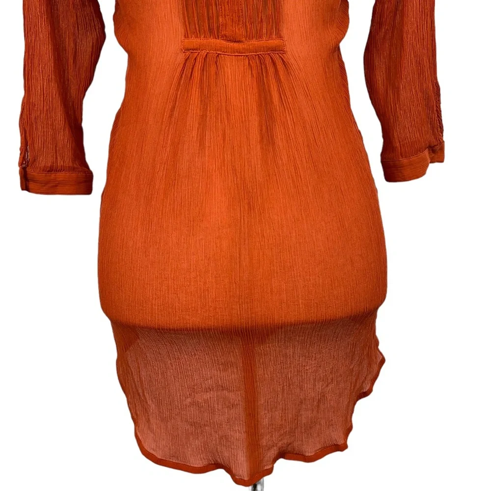 CHICO’S 100 % Burnt Orange Gauzy Pleated Button Down Lightweight 3/4 Sleeve Top - Picture 8 of 13